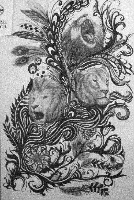 Early graphite artwork by Alireza Hemadani, lions and ornamental illustration, pencil on paper