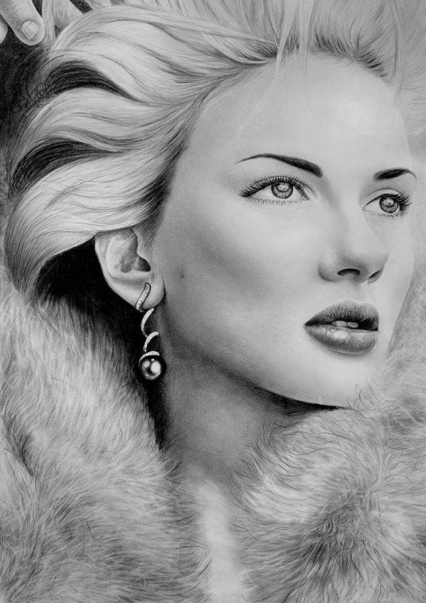 Early graphite portrait by Alireza Hemadani, female portrait with fur, pencil on paper