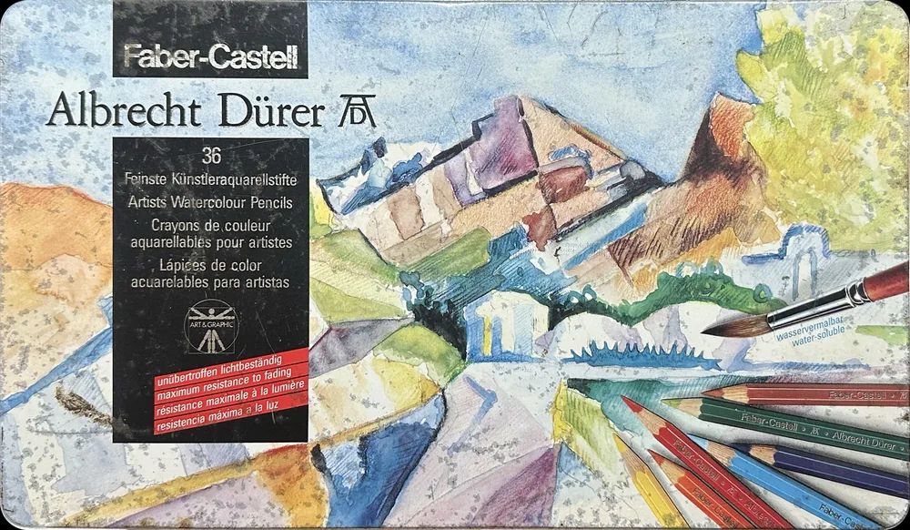 Faber-Castell Albrecht Dürer watercolour pencil tin, closed, the inherited set that began Alireza Hemadani's transition from graphite to colour