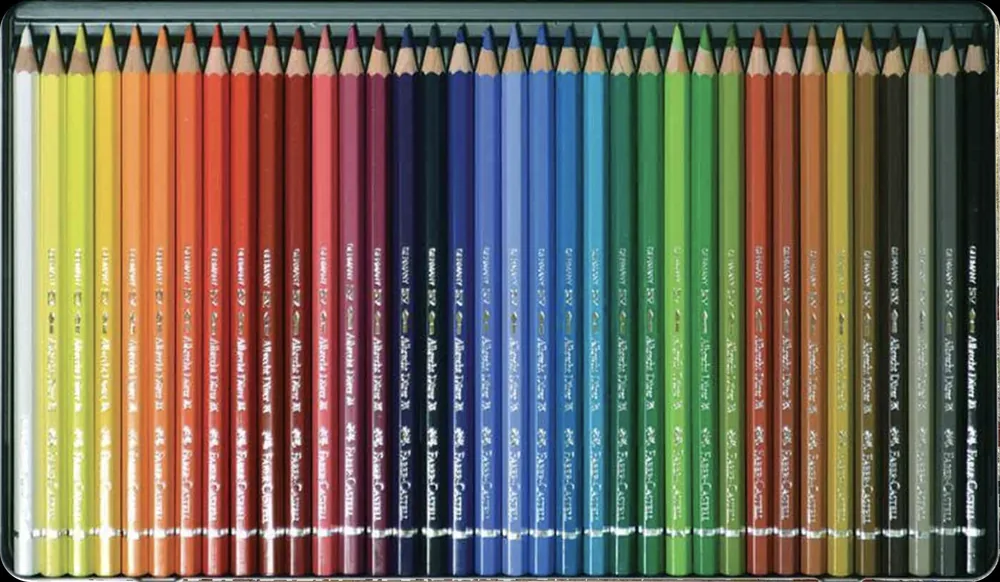 Inside the Albrecht Dürer tin, a full spectrum of artists' watercolour pencils