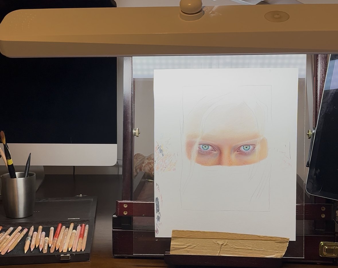 The Throne of Glass cover in progress in the studio, Celaena's eyes drawn first